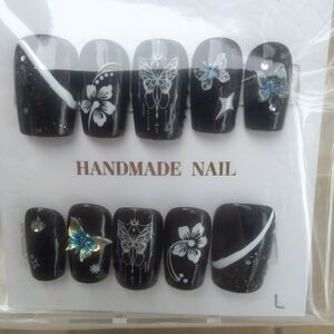 Black Press-On Nails with White Floral & Holographic Butterfly Accents
